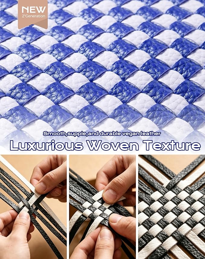 Trendy Woven Checkered Crossbody Bum Bag for Women，PU Leather Checkered Purse Fanny Packs Belt Bag (Woven Bum Bag - Rainbow Blue White)