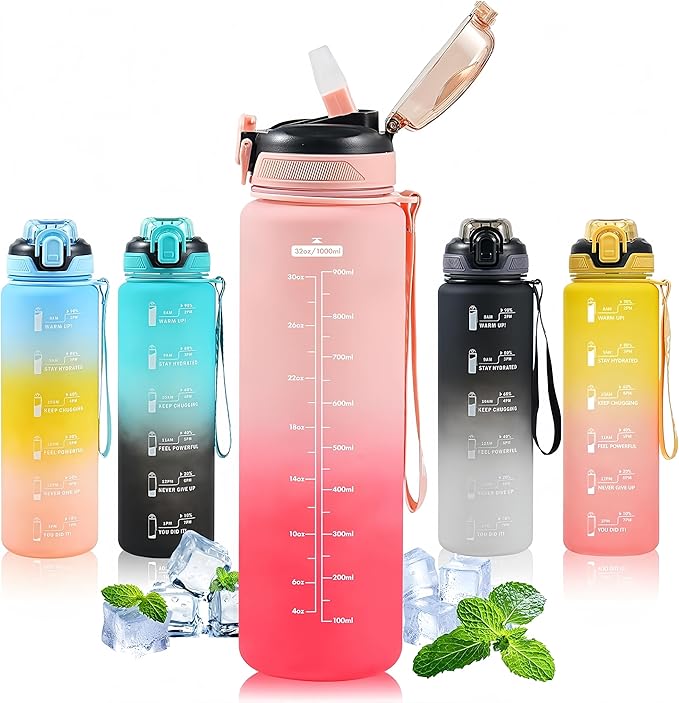 Water Bottle with Straw 1L,Boys Water Bottles with Straw 1 Litre,Waterbottle Leak-Proof Sports Water Bottle,Plastic Drinks Bottles Toxin Free，Bpa-Free (Pink)
