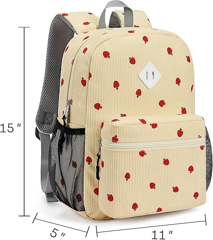 STEAMEDBUN Corduroy Kids Backpack for Girls Boys 3-8, Girls Backpack for Elementary Kindergarten - Strawberry