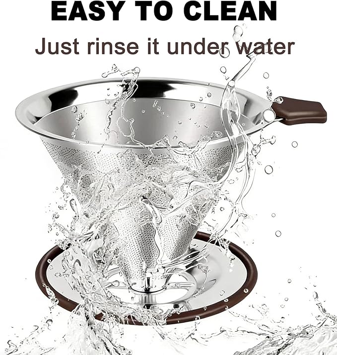 Pour Over Coffee Dripper - 304 Stainless Steel, Paperless & Reusable Dual-Layer Metal Coffee Filter with Base, 600 Mesh Steel Cone, for 1-4 Cups Brew Coffee Maker (Brown)