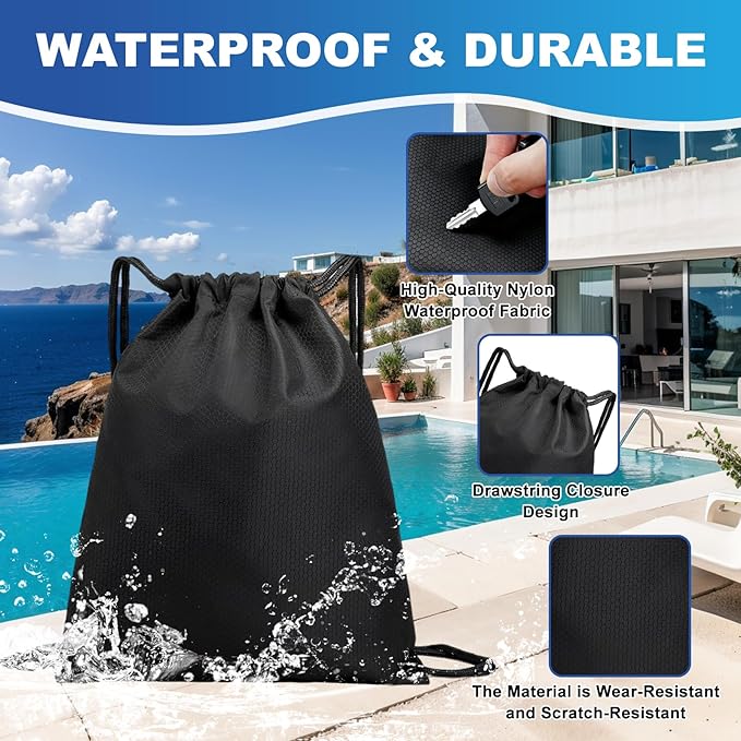 5-Pack Waterproof Drawstring Backpacks, Soccer-Texture Oxford Fabric, 16.9" × 13.8", Lightweight 0.20 lb Each, No Eyelets, Gym & Marathon Gear Sacks(Black)