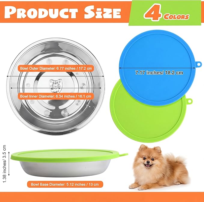 Patelai 8 Pcs Stainless Steel Dog Bowls with Silicone Lids Portable Food and Water Dishes for Pets Sealable Containers for 6.3" for Cats & Small Dogs (Red,Blue,Green,Purple)