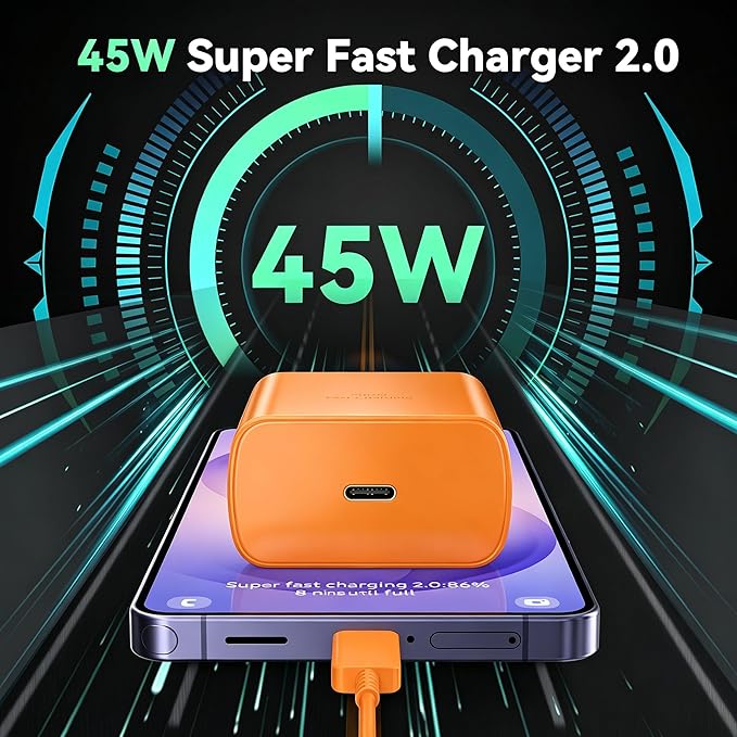 45W Super Fast Charger USB Type C Charger Cord 6.6FT with Android Phone Charger Fast Charging Block for Samsung Galaxy S25/S25 Ultra/S25+/S24 Ultra/S24/S24+/S23 Ultra/S23/S22/S20/S21/Note 10/20,Orange