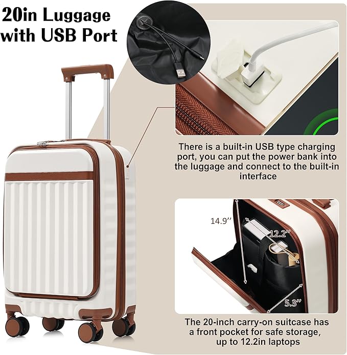 3 Piece Luggage Set ABS Hardshell Lightweight Suitcase Sets with Spinner Wheels and TSA Lock, 20 inch with Front Opening Design and USB Port, 20" Airline Certified Carry-on Luggage, 20"24"28", White