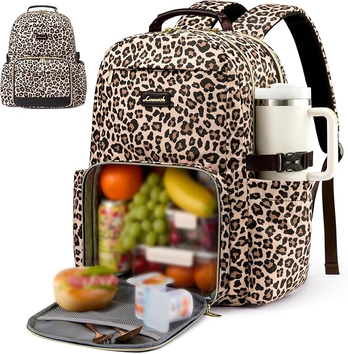 LOVEVOOK Lunch Backpack with Lunch Compartment,17 Inch Laptop Work Travel Insulated Cooler Backpack Purse,Waterproof College Teacher Lunch Bag Box with Tumbler Holder,Gift for Men Women,Leopard print