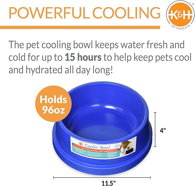 K&H Pet Products Coolin' Dog Water Bowl, Summer Cooling Water Bowl for Small, Medium & Large Dogs & Cats, Indoor Outdoor Insulated Ice Cold Pet Dish to Keep Pets Hydrated - 96 Ounces Chill Blue