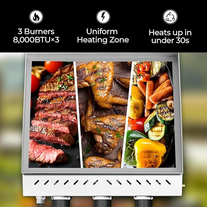R.W.FLAME 3 Burner Tabletop Propane Griddle, 25" Stainless Steel, 24,000 BTU, Flat Top Grill for Outdoor BBQ, Camping & Patio