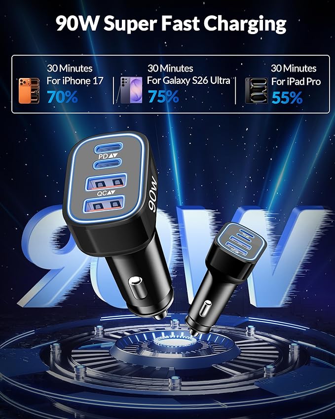 [4 in 1] USB C Car Charger, 4-Port 90W Super Fast Charging Cigarette Lighter USB Charger Multiport Car Phone Adapter Accessories for iPhone 17 16 15 14 13 12 Pro Max, iPad, Galaxy S26 S25 S24, Android
