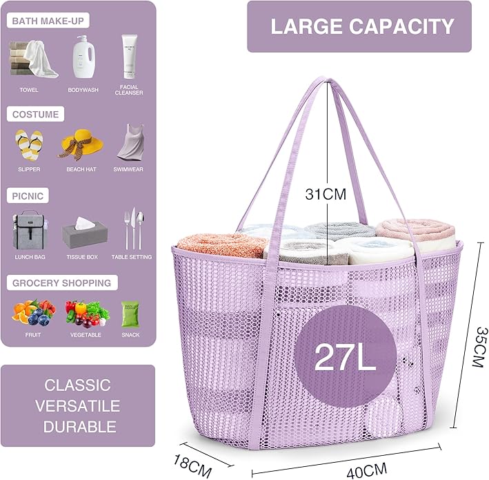 KALIDI Upgrade Version Beach Mesh Tote Bag MAX 27L Large capacity,Shoulder Bag Nylon Hobo Women Casual Foldable Beach Picnic