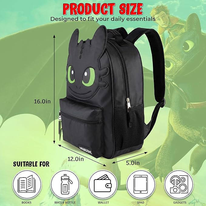 AI ACCESSORY INNOVATIONS How to Train Your Dragon Toothless Backpack, Black 16 Inch School Bag with 3D Face Applique, Green Eyes, Lightning Bolt Keychain, for Boys and Girls
