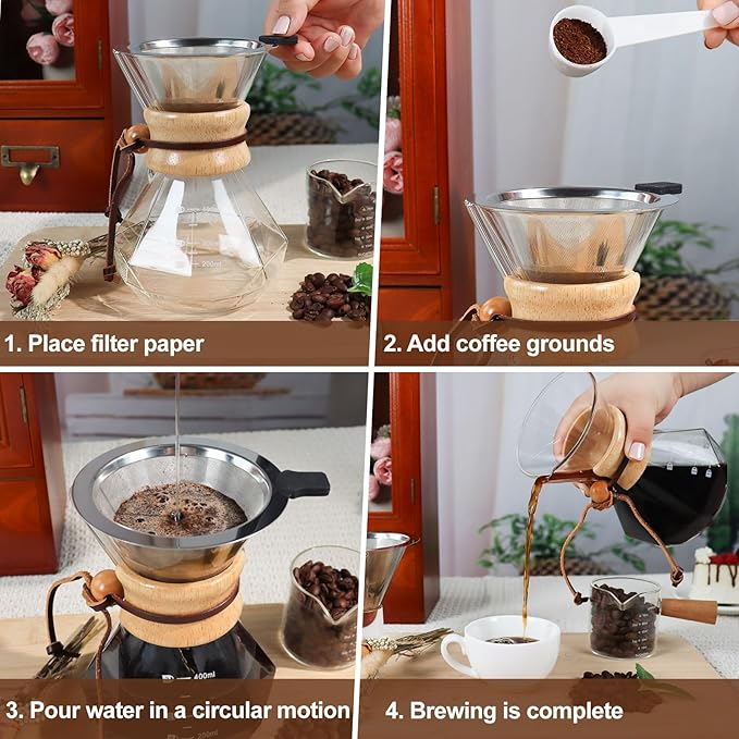 Pour Over Coffee Maker 400ml 13.5oz Glass Drip Coffee Maker with 304 Stainless Steel Filter High Borosilicate Glass Duckbill Spout Solid Wood Handle Pour Over Coffee Dripper for Daily Brewing