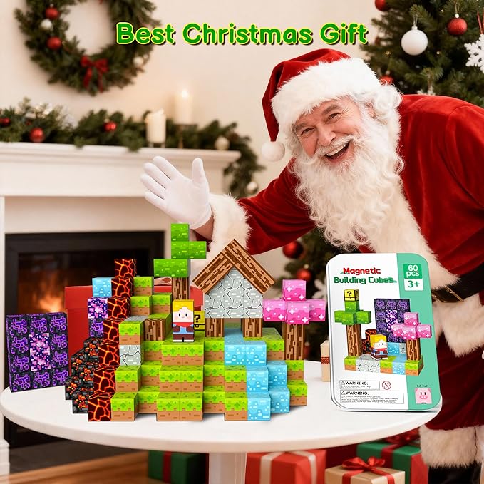 Magnetic Blocks Minecraft-Style Magnetic Building Blocks Cubes - 60PCS Tin Box Travel Magnet Toys Set STEM Educational for Kids Ages 3 4 5 6 7 8 9 10 11 12 Year Old Boys Girls Gifts birthday christmas