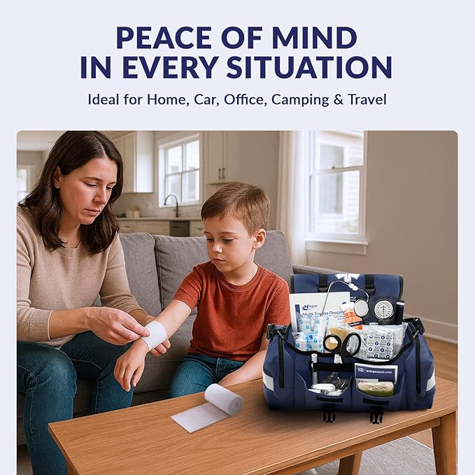 MFASCO Complete Emergency Response First Aid Kit Trauma Bag - 415 Piece Fully Stocked Supplies for Disaster Preparedness | for Business, Schools, Organizations, Groups, Home Safety (Reflective Blue)
