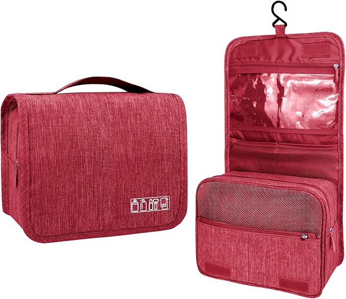 Lcsmaokin Large Capacity Toiletry Bag Travel Bag with Hanging Hook for Men and Women Waterproof Travel Cosmetic Bag Bathroom Storage Bag for Brushes Set, Full-Sized Shampoo, Toiletries, Wine Red