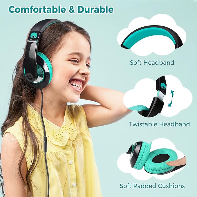 rockpapa Comfort+ Kids Headphones with Microphone, Boys Girls Student Over-Ear Headphones Wired Foldable for School Classroom Laptop PC Computer Tablet Black/Blue+Black/Teal