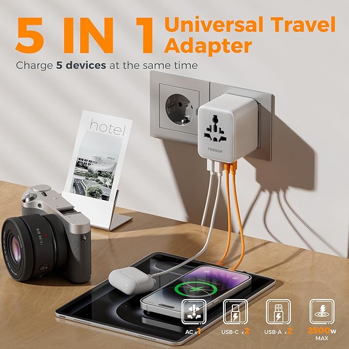 TESSAN Universal Travel Adapter, International Power Adapter with 2 USB C 2 USB A Ports, Travel Plug Adaptor Worldwide for US to Europe UK Italy Ireland Australia France Germany(Type C G A I)