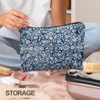 Vintage Blue Chinoiserie Floral Makeup Bag, Blue and White Flower Cosmetic Bags for Women, Retro Grandmillennial Indigo Floral Zipper Makeup Pouch