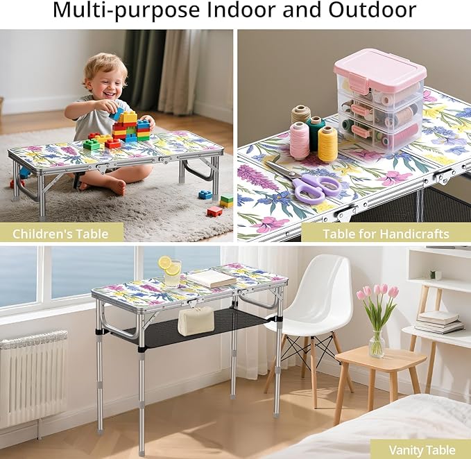 Anbte 3ft Folding Camping Table with Storage Net & Bag, 3 Adjustable Height Max 27.5" Outdoor Folding Table Lightweight, Portable Handle for Outdoor Indoor Camping Beach RV Picnic, Blooming Floral