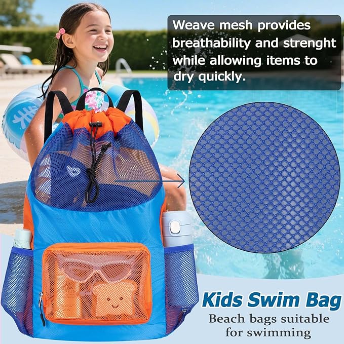 Swim Bag for Kids Mesh Beach Backpack for Boys Lightweight Drawstring Beach Bag Swimming Pool Sports Gym String Bag (Blue)