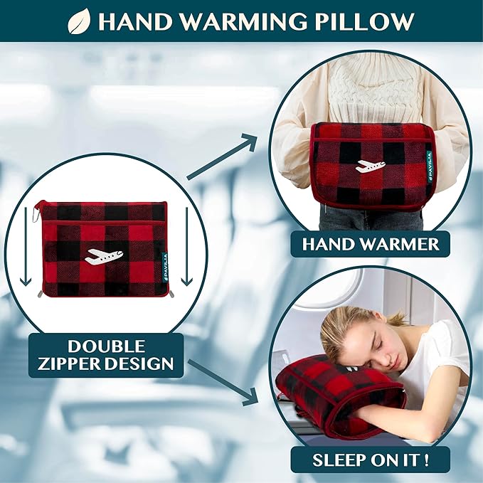 PAVILIA Travel Blanket Pillow, Airplane Blanket Set in Soft Bag with Pockets, Plane Blanket Compact Packable, Flight Essentials Car Pillow, Travelers Accessories Gifts, Luggage Strap, Plaid Red