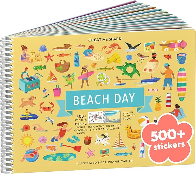 Beach Day 500+ Kids Sticker Book by Cupkin Fun Toddler Travel Activity Coloring and Sticker Book, Road Trip Essentials, 12 Coloring Pages 12 Side by Side Scenes for Ages 2–8 Years