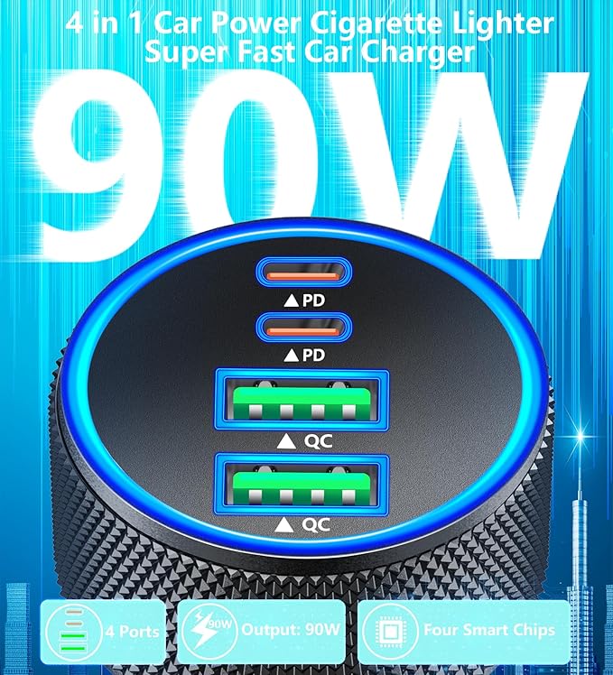 Car Charger USB C, KYOHAYA 90W 4-Port Dual USB-C & USB-A Power Cigarette Lighter Adapter PD/QC Type C Car Charger Fast Charging for iPhone 17 Pro 17 Pro Max 16 15 14 13 12 11/Galaxy S26 S25/Pixel/iPad