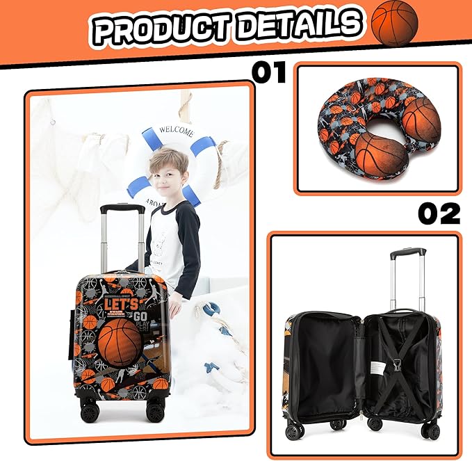 Kid’s Luggage Set 2 Piece Suitcase Set 16’’ Hardside Luggage with Spinner Wheels Girls Boys Carry on Toddler Luggage Travel Rolling Luggage Carry on Luggage Airline Approved Basketball