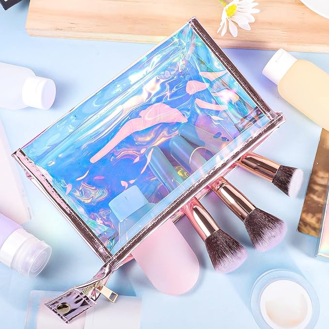 BESARME 10 Pcs Holographic Makeup Bags, Clear PVC Travel Toiletry Bag Iridescent Pouch Portable Zippered Waterproof Cosmetic Bag SPA Bathroom Vacation Party Favors Bachelorette Gifts Mothers Day Gifts