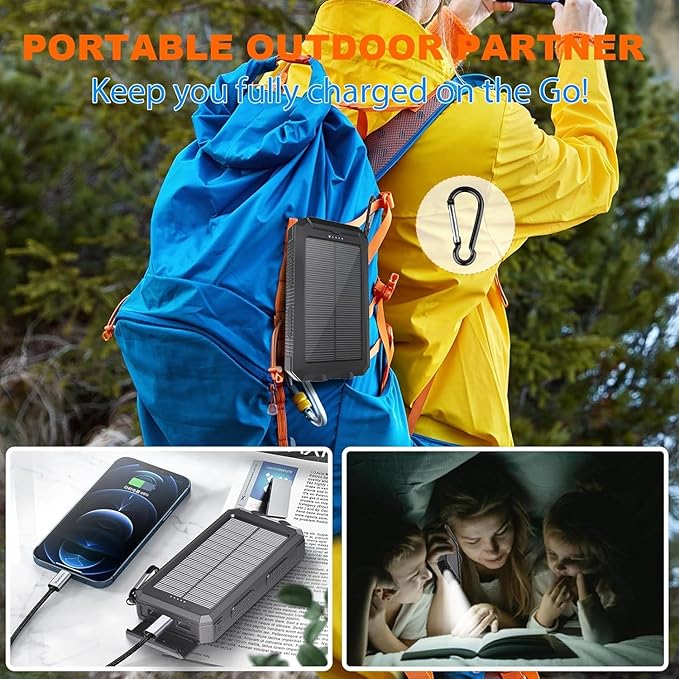 Solar Power Bank 20,000mAh, Portable Phone Charger, 4 Cables Outdoor Waterproof External Backup Power Charger with USB-C for Cell Phones, Solar Battery Pack with Dual Flashlight for Camping