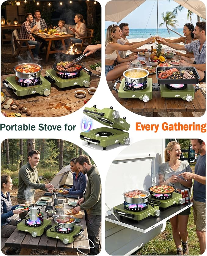 2 Propane Burners Camping Stove, 30,000 BTU Folding Camp Stove with Windproof Grates and Frying Pan, Portable Camping Stoves with Carrying Bag, Camping Essentials for Tailgating/Grilling/Coffee, Green