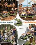 2 Propane Burners Camping Stove, 30,000 BTU Folding Camp Stove with Windproof Grates and Frying Pan, Portable Camping Stoves with Carrying Bag, Camping Essentials for Tailgating/Grilling/Coffee, Green