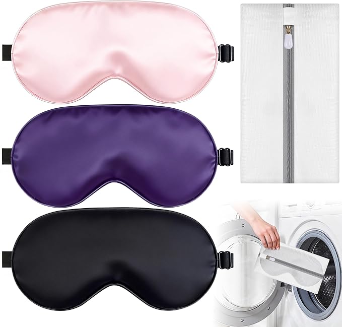 spacepower Sleep Mask, Silk Eye Mask for Sleeping with Adjustable Strap, Blindfold Eyeshade for Men & Women, Comfortable & Soft Eye Cover Eyeshade for Night Sleep（Black&Light Pink&Purple）