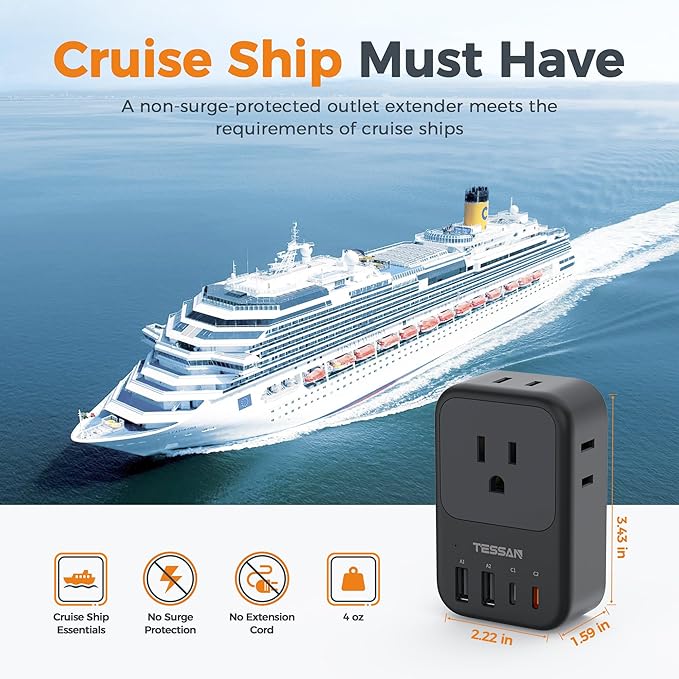 TESSAN USB C Charger Block 20W PD, Fast Charging Adapter with Foldable Plug, 1875W Power Outlet Extender(4 AC and 4 USB) for Cruise, Home, Office, Dorm Room Essentials, Black