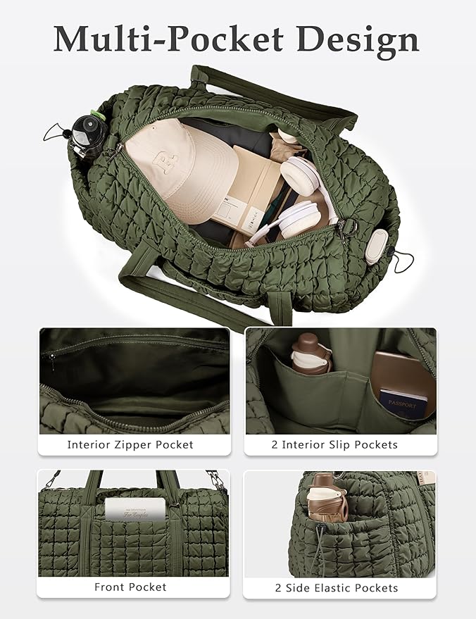Quilted Travel Duffle Bag for Women Medium Weekender Bag Puffer Overnight Bag Large Soft Puffy Duffel Bag Carry-On Gym Bag Lightweight Personal Item Travel Bag for Trips Business Sport Airplane