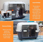 SportPet Airline Compliant 2-Door Large 34.5" Travel Dog Kennel - Durable Plastic Pet Carrier w/Divider, Wheels, & Bowls, Collapsible Indoor/Outdoor Dog Kennel, Dogs up to 28" L & 20" H - Cream/Gray