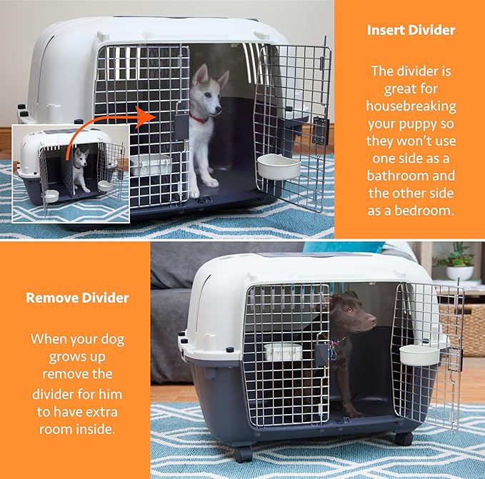 SportPet Airline Compliant 2-Door Large 34.5" Travel Dog Kennel - Durable Plastic Pet Carrier w/Divider, Wheels, & Bowls, Collapsible Indoor/Outdoor Dog Kennel, Dogs up to 28" L & 20" H - Cream/Gray