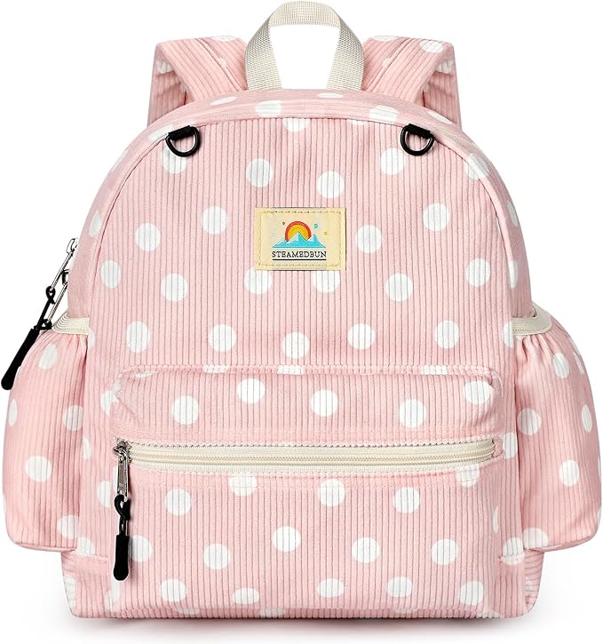 STEAMEDBUN Corduroy Toddler Backpack for Girls 2-4: Kids backpack for Boys Girls - 12 inch Preschool Kindergarten Backpacks - Polka Dot