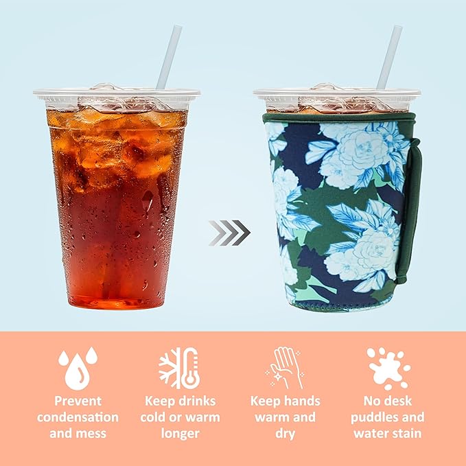 KJQJLY 3 Reusable Iced Coffee Sleeves for Iced Coffee Cups or Drinks Reusable Neoprene Insulated Sleeves for Hot and Cold Drinks from Starbucks, Dunkin, And More (Moonflower)