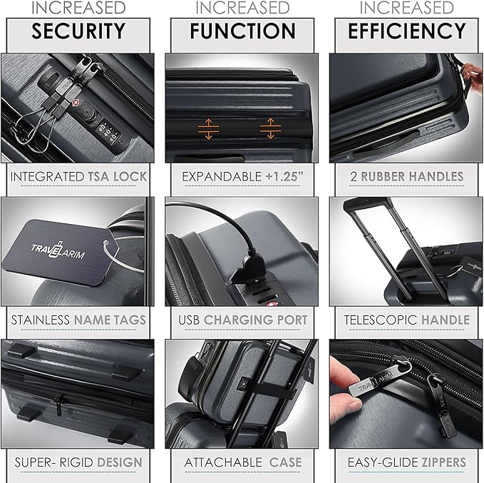 TRAVELARIM Grey Hardshell Luggage Sets 4 Piece, Durable Suitcase Set, Travel Luggage Set with Integrated TSA Lock, 360° Spinner Wheels, Expandable Medium and Large Checked Suitcase, 20/24/28 Inch