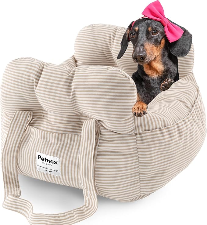Dog Car Seat for Small Dogs, Portable Puppy Car Seat of Easy Installation, Fashionable Pet Carrier Bag with Large Pockets, Machine Washable Dog Booster Seat (Striped Khaki)
