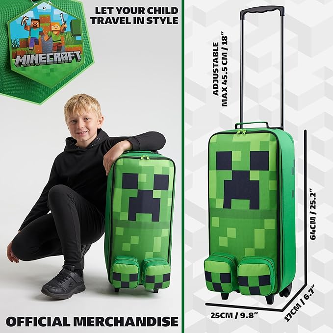 Minecraft Kids Foldable Trolley Bag 25”, 17L Luggage with Wheels, Creeper - Gamer Travel Essentials, Gifts for Kids