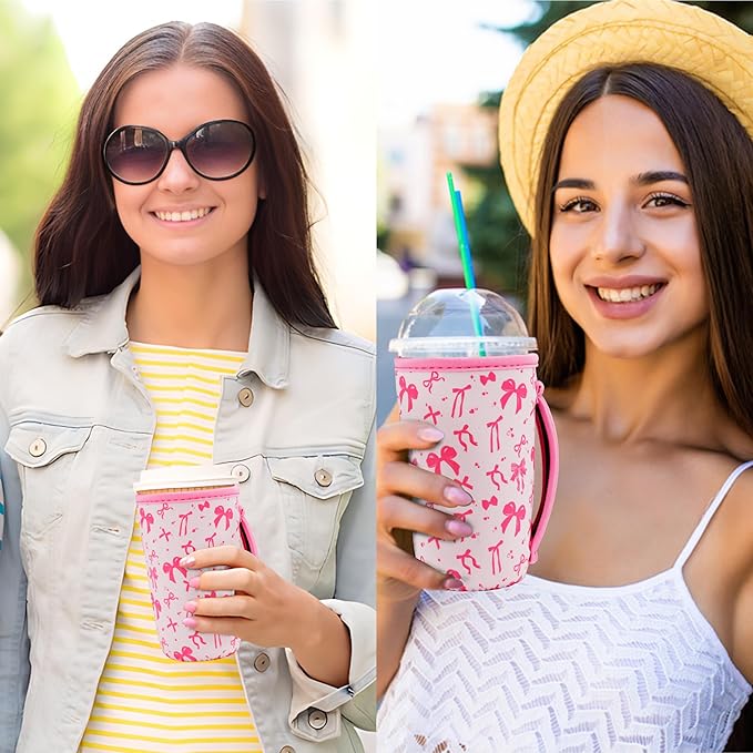 KJQJLY 3 Pack Reusable Iced Coffee Sleeves for Iced Coffee Cups or Drinks Reusable Neoprene Insulated Sleeves for Hot and Cold Drinks from Starbucks, Dunkin, And More (Pink bow)