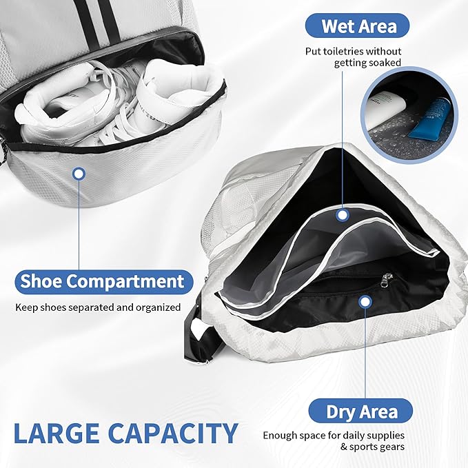 JELUTAR Drawstring Backpack Gym Bag with Shoes Compartment for Soccer, Basketball, Swim, Water-Resistant String Backpack Beach Cinch for Women Men, White