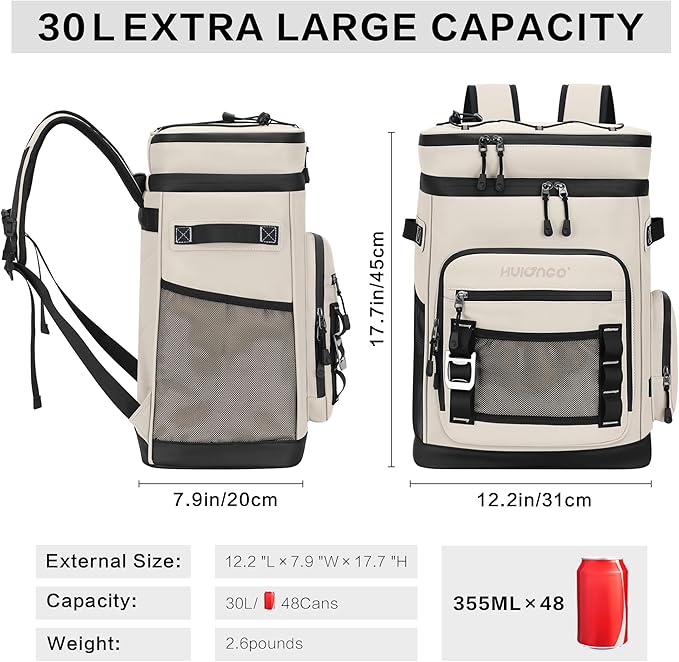 Hulongo Large Waterproof Insulated Cooler Backpack for Men & Women, Leak Proof Cooler Backpack for Camping, Beach, Fishing, Picnic, Travel, Outdoor, 30L, 48Cans