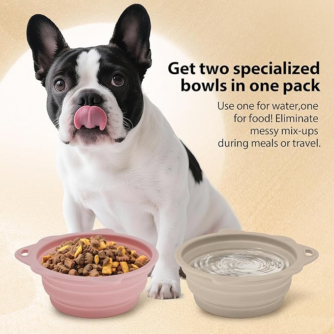 2-Pack Collapsible Silicone Dog Bowl,13oz Portable Pet Food & Water Dish, Travel Bowl with Non-Slip Textured Base (Lick Mat Feature) for Peanut Butter, Yogurt - Pink&Ivory
