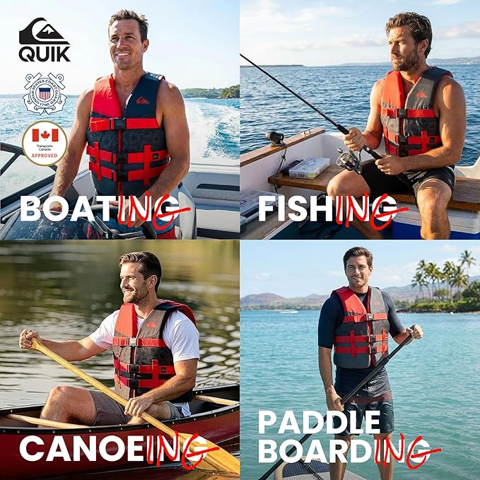 QUIKSILVER USCG Approved Men's Life Jacket Type III PFD, Lightweight EPE Foam Life Vest for Adults, for Waterskiing, Wakeboarding, Windsurfing, Rafting, Boating, Kayaking, Fishing Watersports