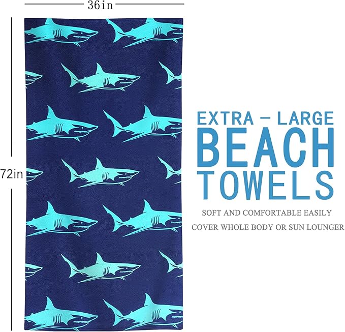 4 Packs Oversized Thin Beach Towel Set XL Extra Large Big 36 x 72 in Clearance Travel Towels Soft Swim Blanket for Adult Women Men Chair Cover Accessories Essentials Shark Flamingo Fish Shell