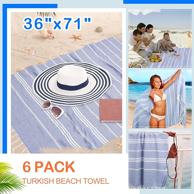 YSYJ Turkish Beach Towel 6 Pack Beach Towels 36"x71" Beach Towel Oversized Sand Free Turkish Towel Quick Dry Bath Towels Navy