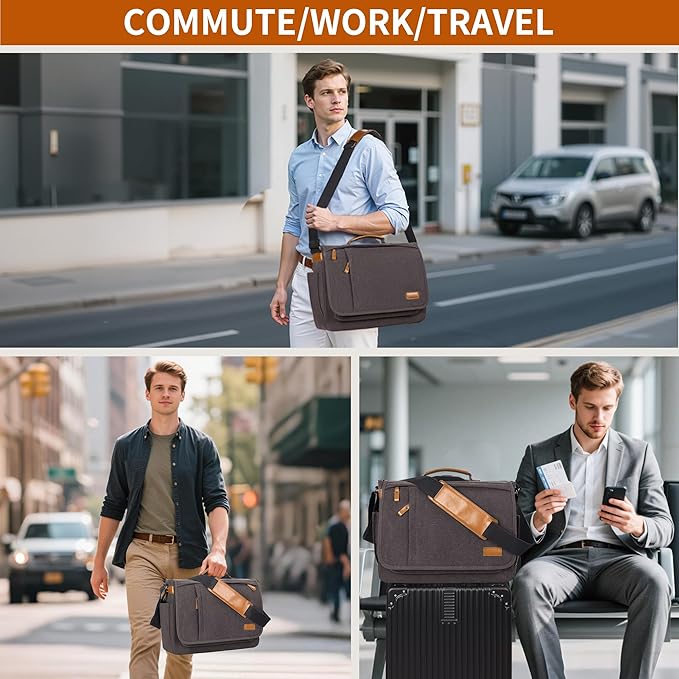 ESTARER Computer Messenger bag Water-resistant Canvas Shoulder Bag 15.6 Inch Laptop for Travel Work, Grey