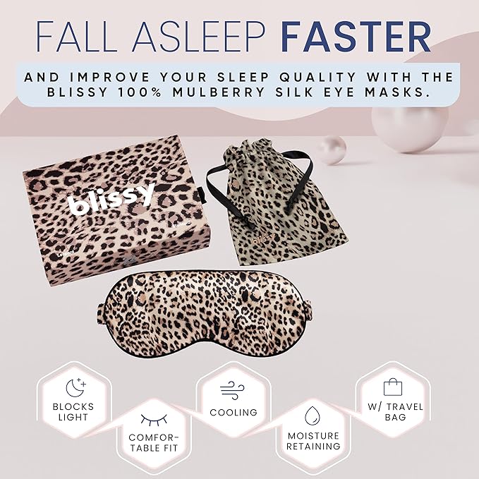 Blissy Silk Sleep Mask - Eye Sleeping Mask for Women & Men for Total Blackout - 100% Pure Mulberry Silk, 22 Momme 6a Fibers - Blindfold Sleep Mask Side Sleeper Eye Cover (Leopard)